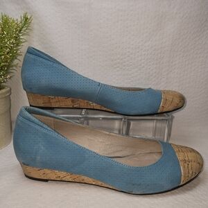 Donald J. Pliner Blue and Tan Wedges Cork Heel And Toe Womens 10 Euc